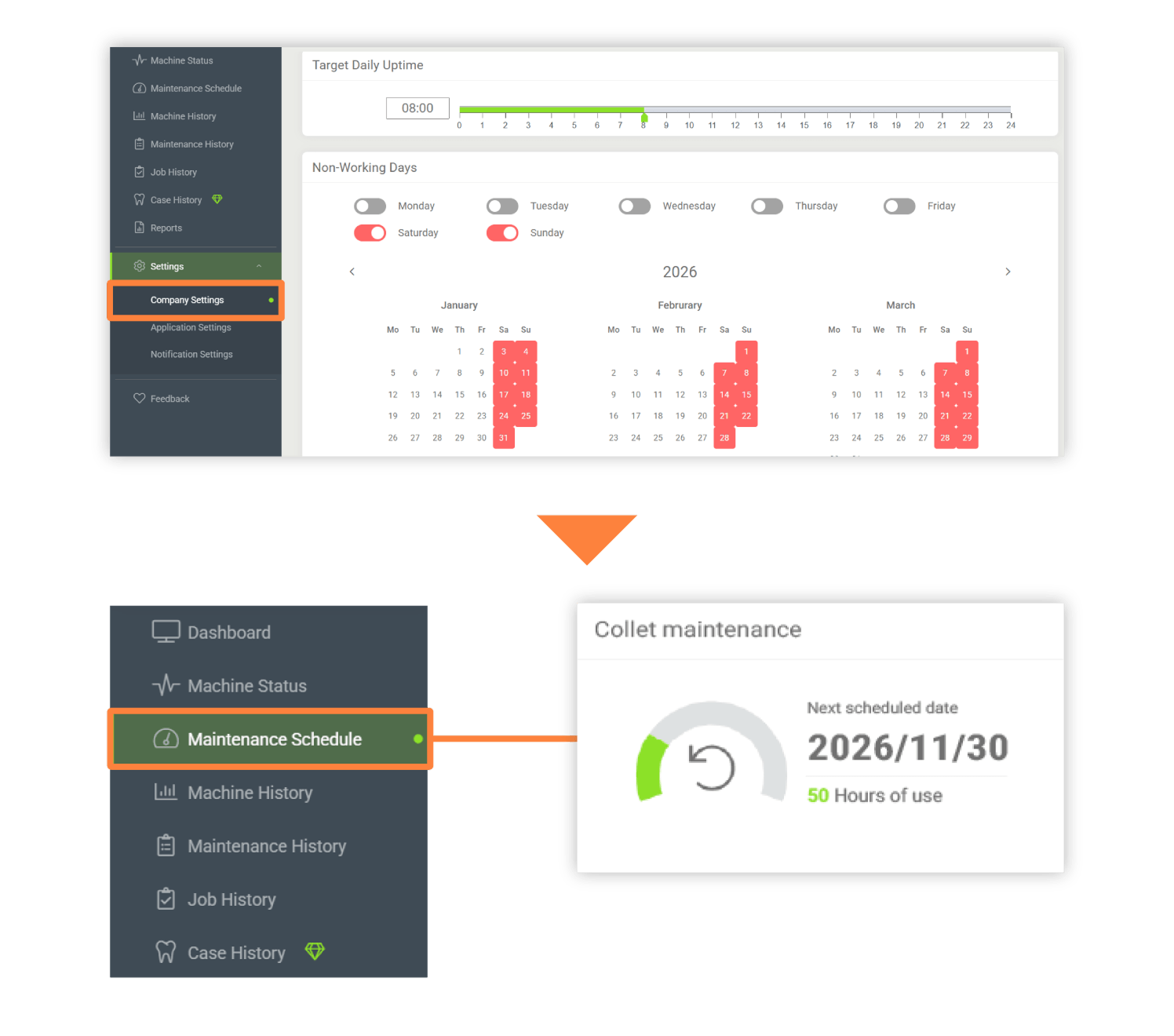 Set the DWX target operating hours and holidays in Company Settings, then tap (or click) Maintenance Schedule.