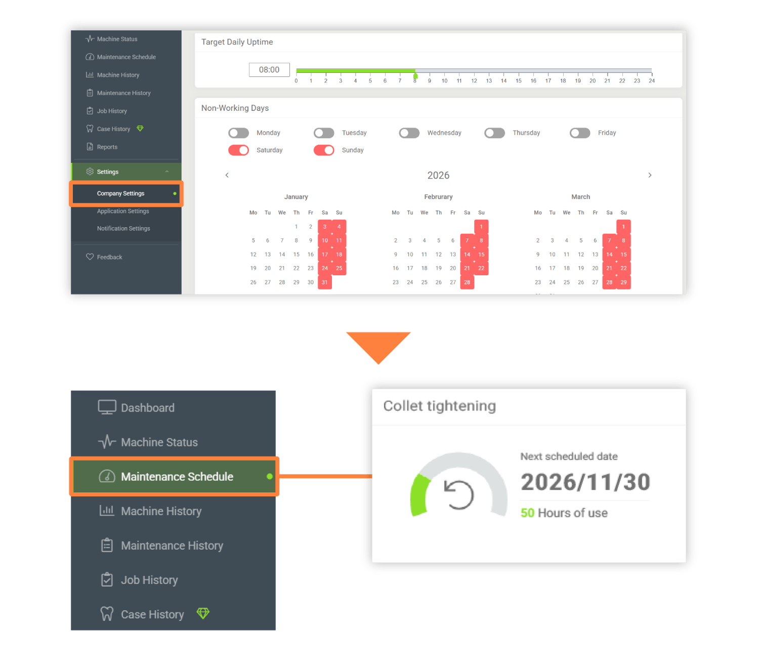 Set the DWX target operating hours and holidays in Company Settings, then tap (or click) Maintenance Schedule.