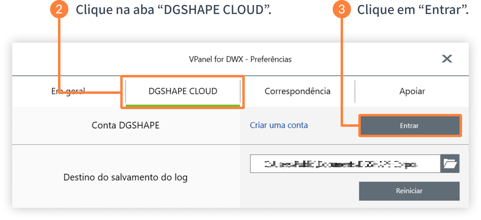 2.Clique na guia « DGSHAPE CLOUD ». 3.Clique em « Fazer login ».